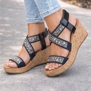 Black Embellished Cork Wedge Sandals - Women